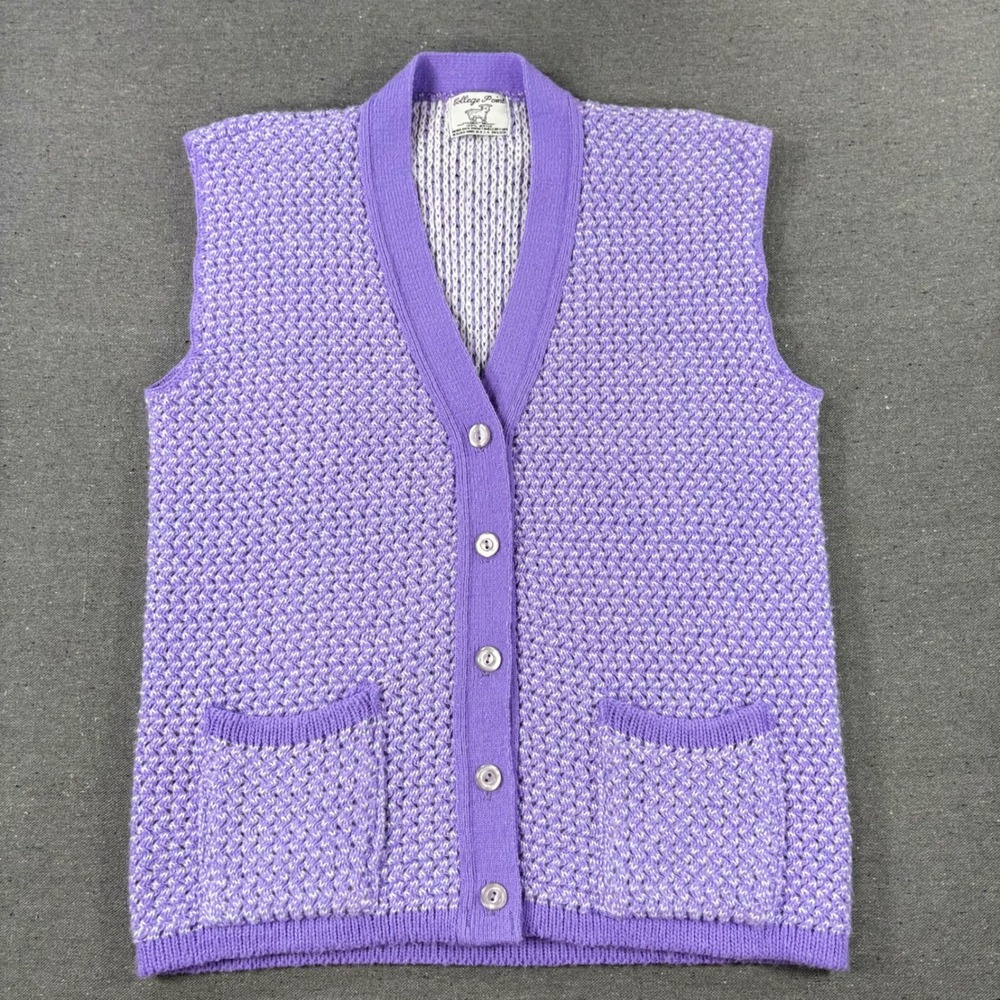 College Point Sweater Vest Large Purple Grandmacor Vintage Knit Button Front USA